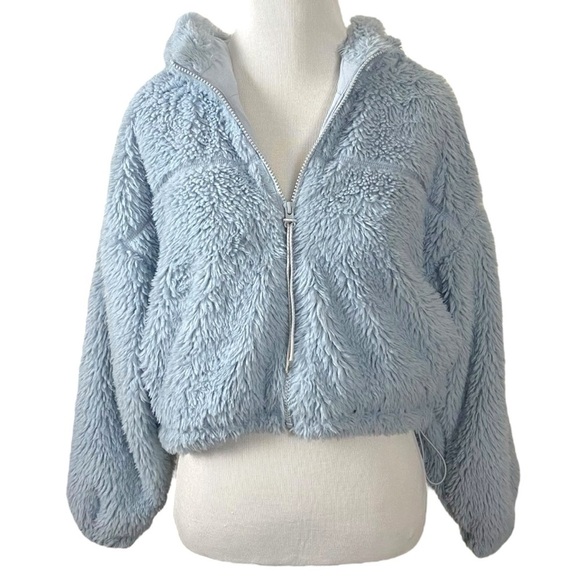 Urban Outfitters BDG Cropped Teddy Hoodie Jacket Size Small Baby Sky Blue - Picture 6 of 14